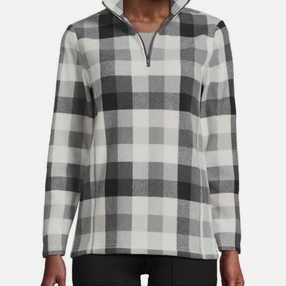 Women Lands’ End Fleece Sweater Gray Ivory Buffalo Plaid 1/4zip XS - NWT